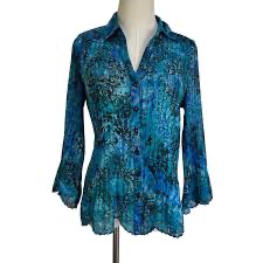 FASHION BUG BLUE DAMASK PRINTED PLEATED STRETCH TOP BLOUSE
